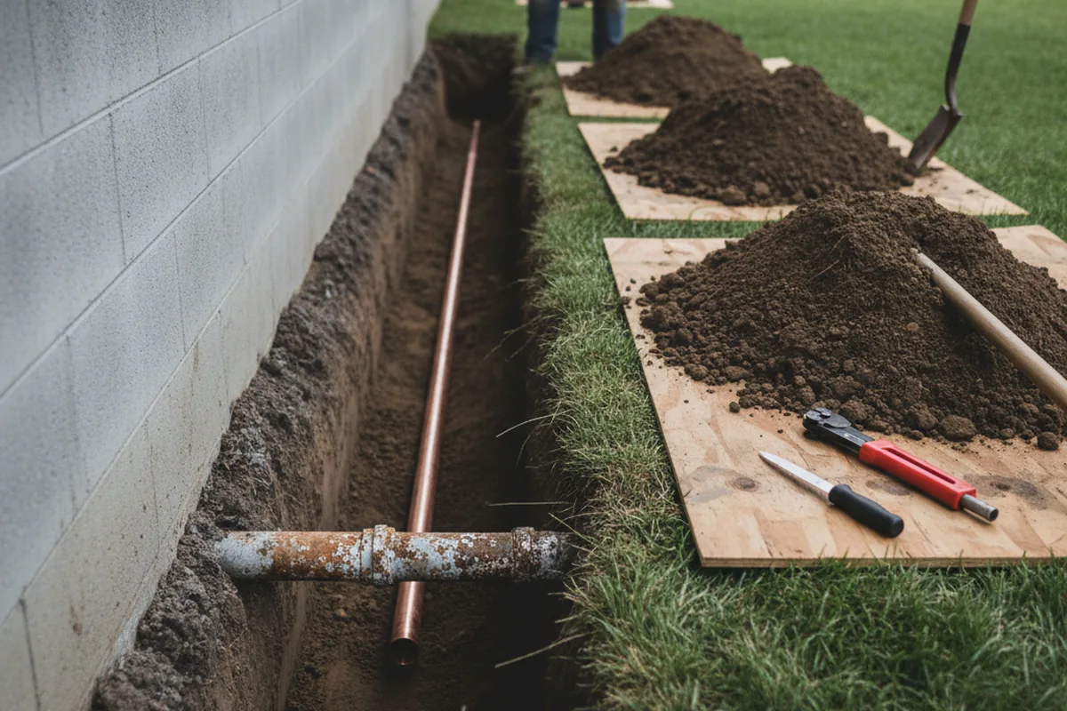 Excavated water line trench during Sewer Line Repair in Deepwater